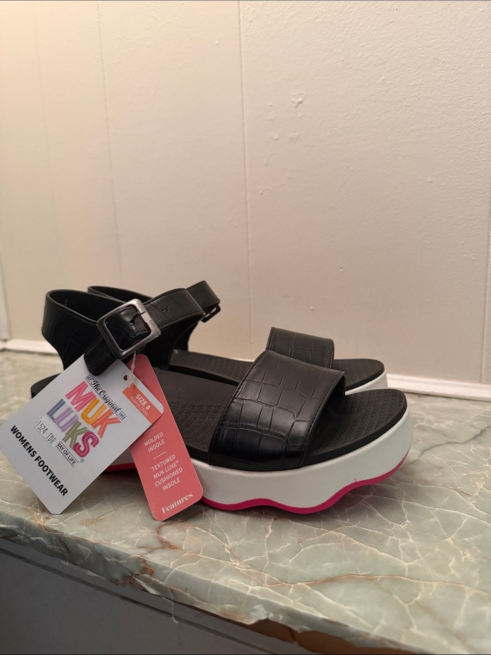 Muk Luks Black Platform Sandals with Pink Trim